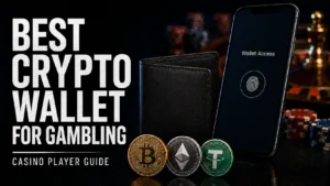 Cover image for a casino player guide about choosing the best crypto wallet for gambling, showing a smartphone with biometric wallet access, a physical wallet, crypto coins and casino chips in a dark casino-style setting.
