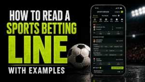 Cover image for a sports betting line guide, showing bold “How to Read a Sports Betting Line With Examples” text beside a mobile sportsbook interface with football odds, a bet slip and a soccer ball.