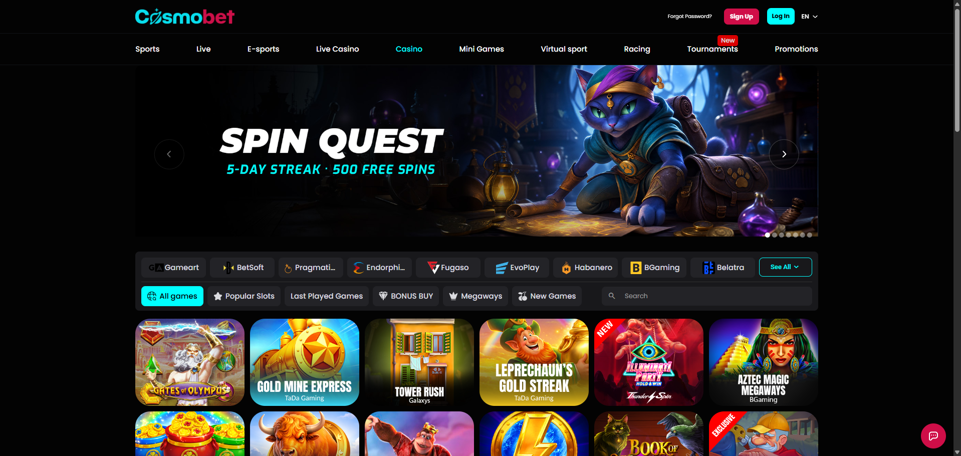 Cosmobet desktop casino lobby with Spin Quest 5-day streak offering 500 free spins, game provider filters, search tools and slot game thumbnails.