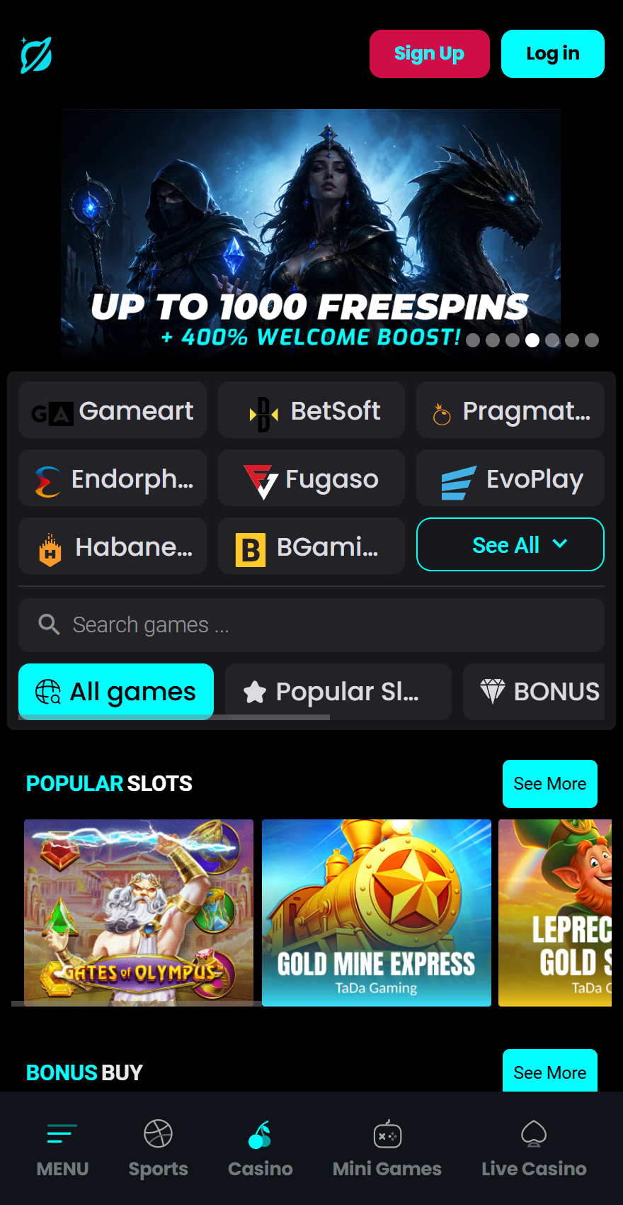Cosmobet mobile casino lobby with up to 1,000 free spins and a 400% welcome boost, provider filters, game search, Popular Slots and Bonus Buy sections.