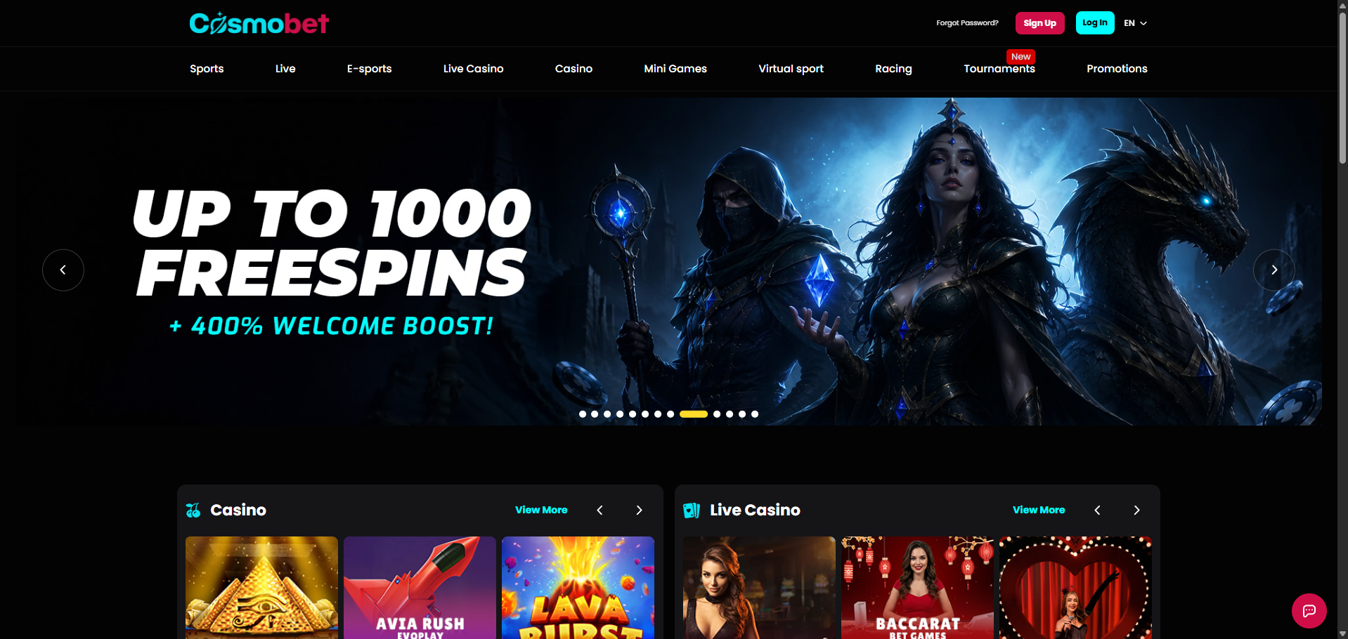 Cosmobet desktop homepage with an offer of up to 1,000 free spins and a 400% welcome boost, plus Casino and Live Casino game sections.