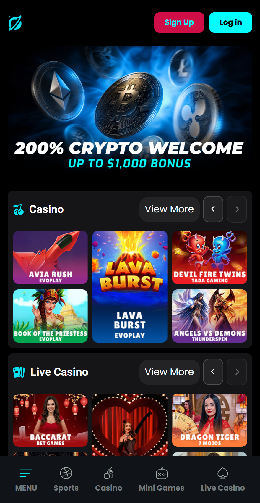Cosmobet mobile homepage with a 200% crypto welcome bonus up to ,000, Casino and Live Casino game sections, and bottom navigation menu.
