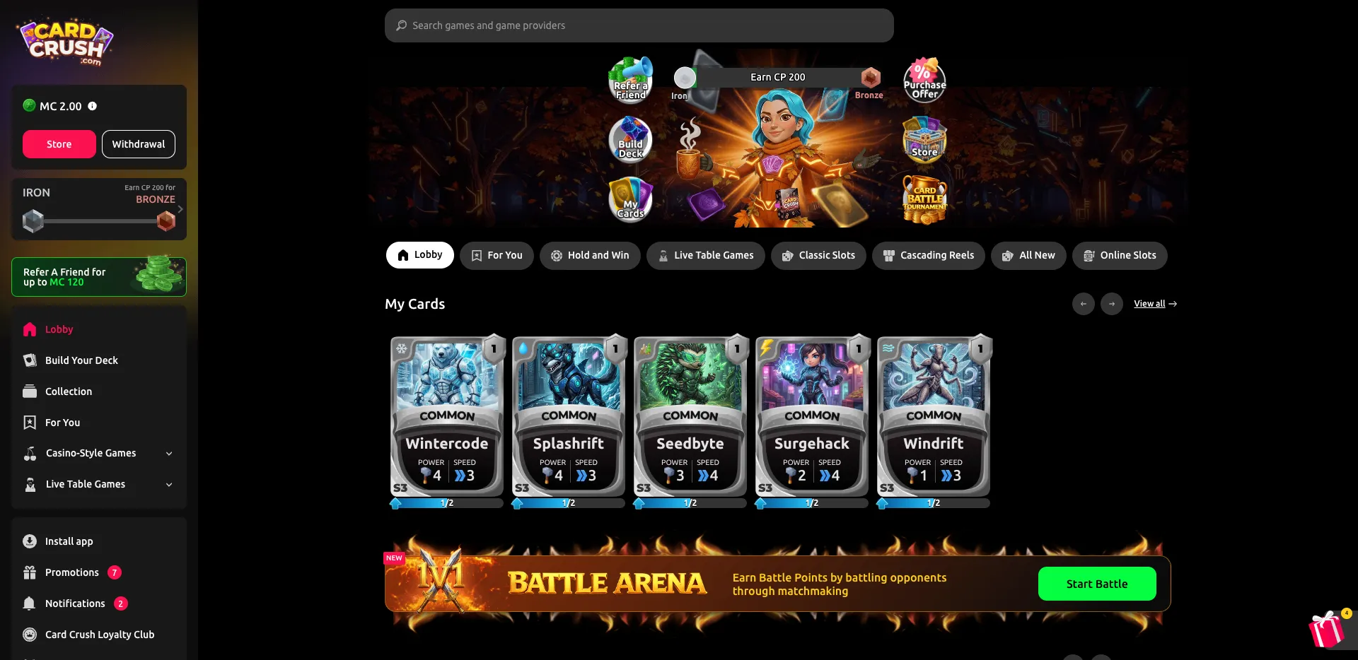 Card Crush desktop homepage showing collectible cards, Mystery Coin balance, casino-style game categories, Battle Arena, promotions and withdrawal menu.