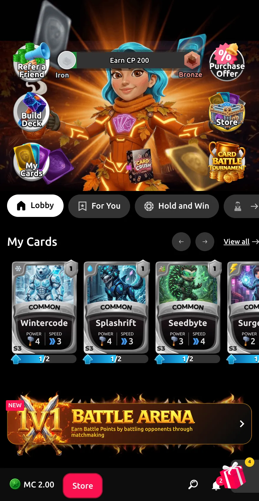 Card Crush mobile homepage showing collectible cards, Battle Arena, Mystery Coin balance, Store access, card collection, referral rewards and navigation to casino-style games.