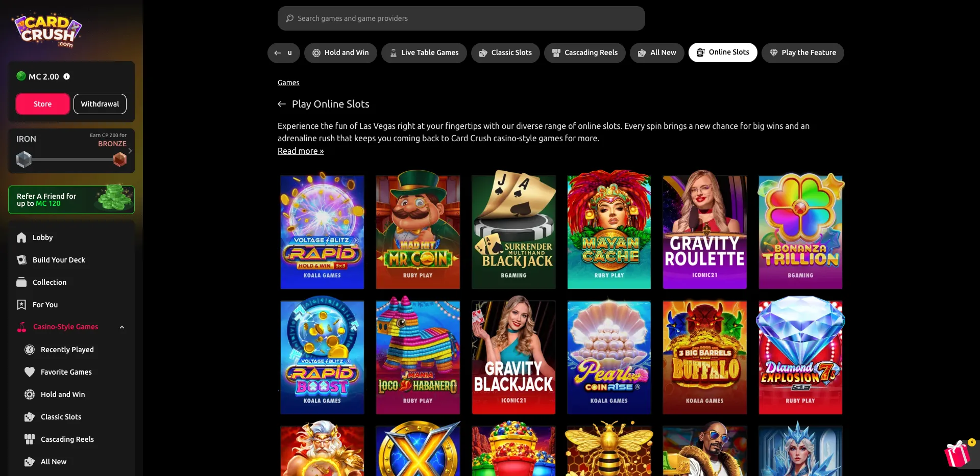 Card Crush online slots page showing casino-style game categories, Mystery Coin balance, store and withdrawal buttons, and slot titles from providers including Koala Games, Rubyplay, BGaming and Iconic21.