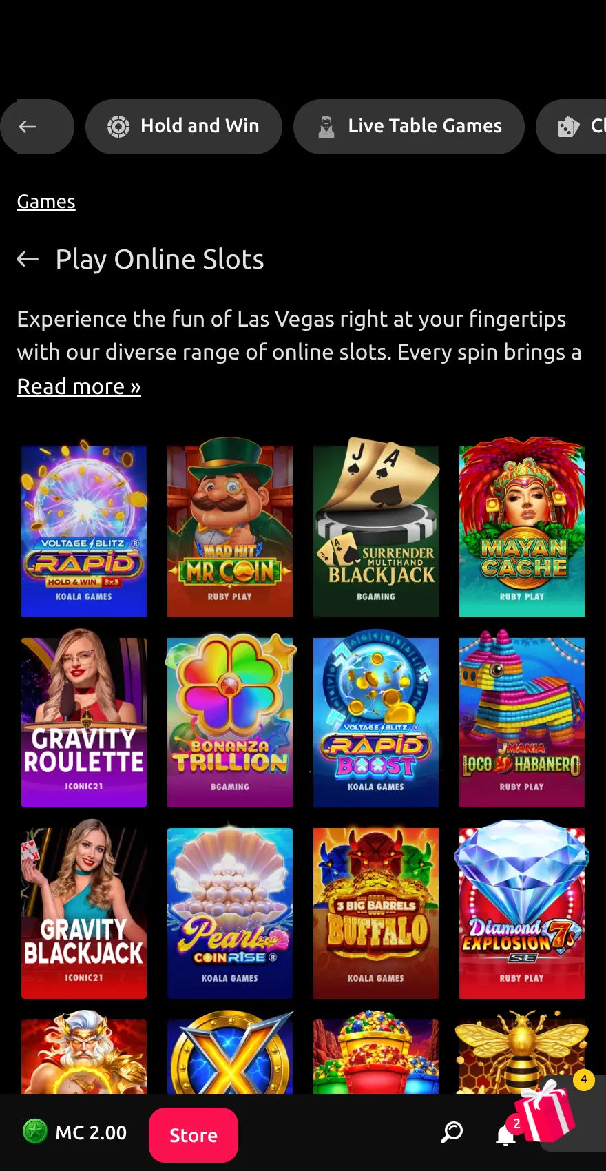 Card Crush mobile online slots page showing a grid of casino-style games from Koala Games, Rubyplay, BGaming and Iconic21, with Hold and Win, Live Table Games and other category filters, plus Mystery Coin balance and Store access.