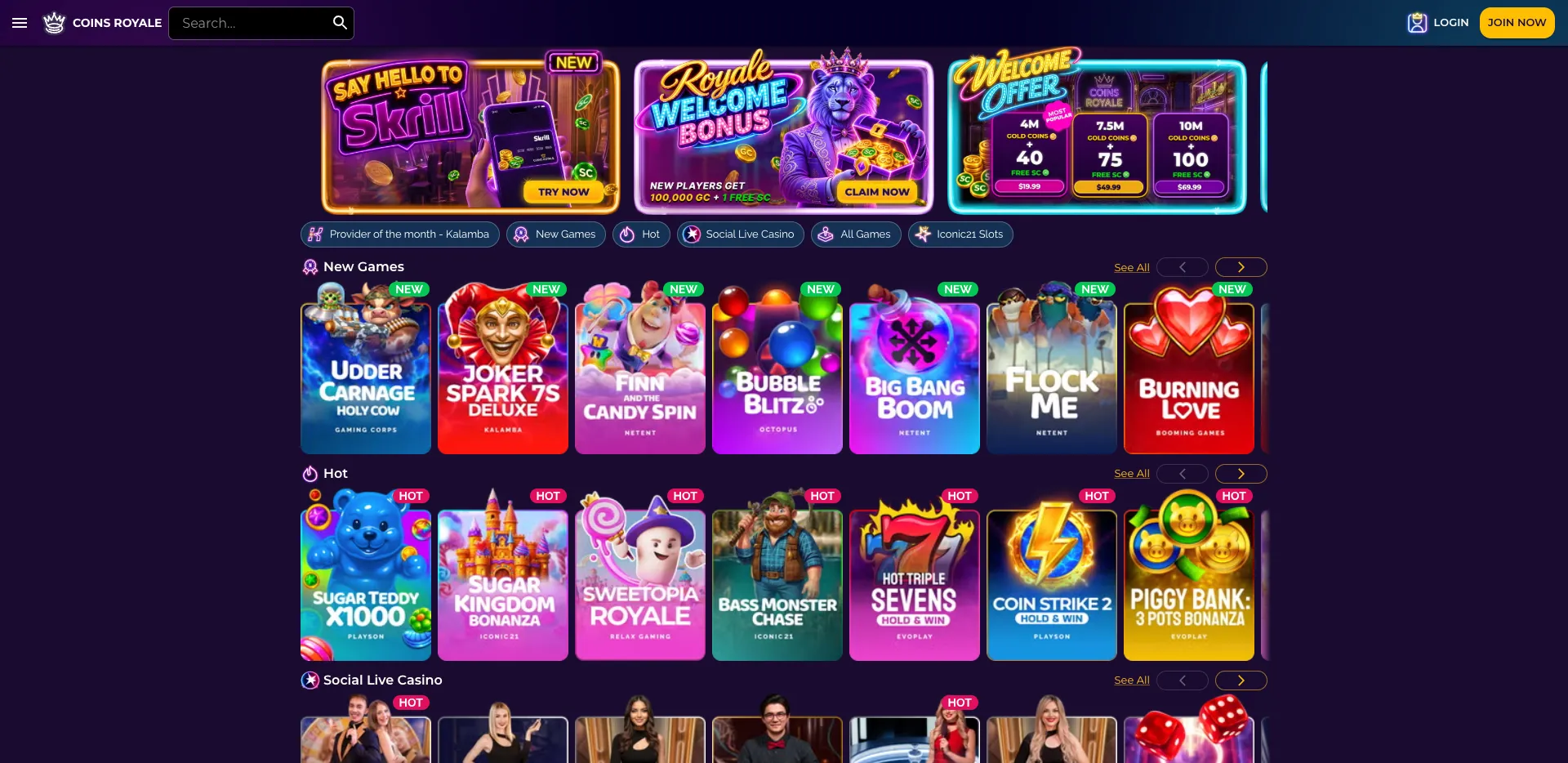 Coins Royale casino lobby showing welcome offers, game categories, slots and Social Live Casino titles on a dark purple interface.