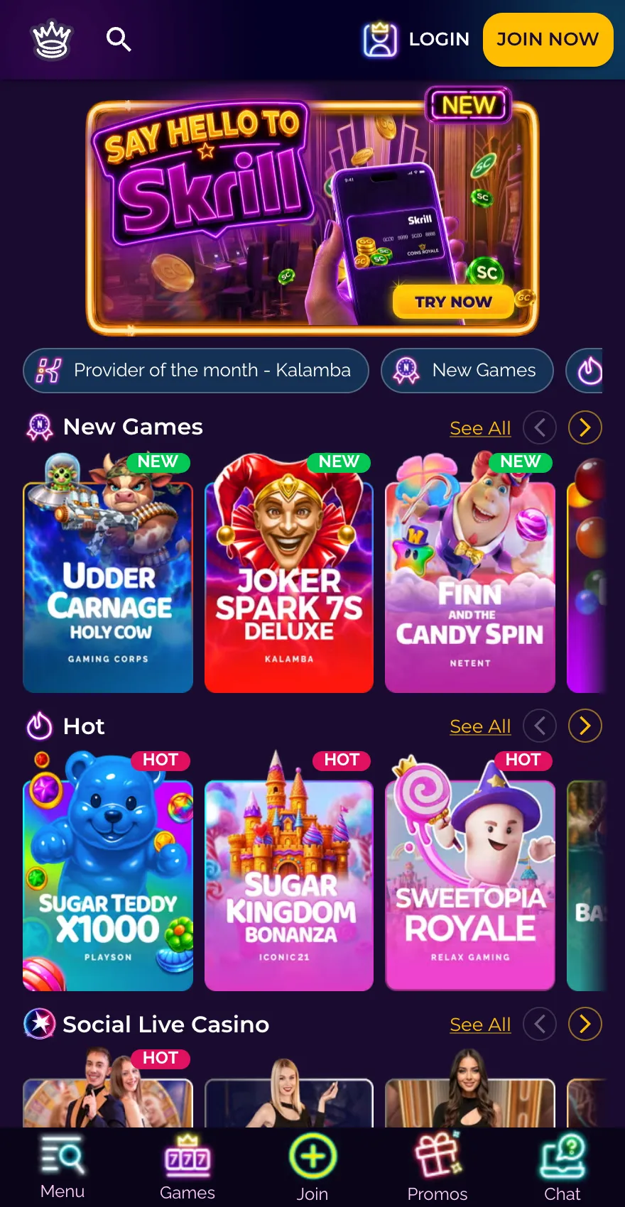 Coins Royale mobile casino homepage showing the Skrill promotion, New Games, Hot and Social Live Casino sections, with bottom navigation for Menu, Games, Join, Promos and Chat.