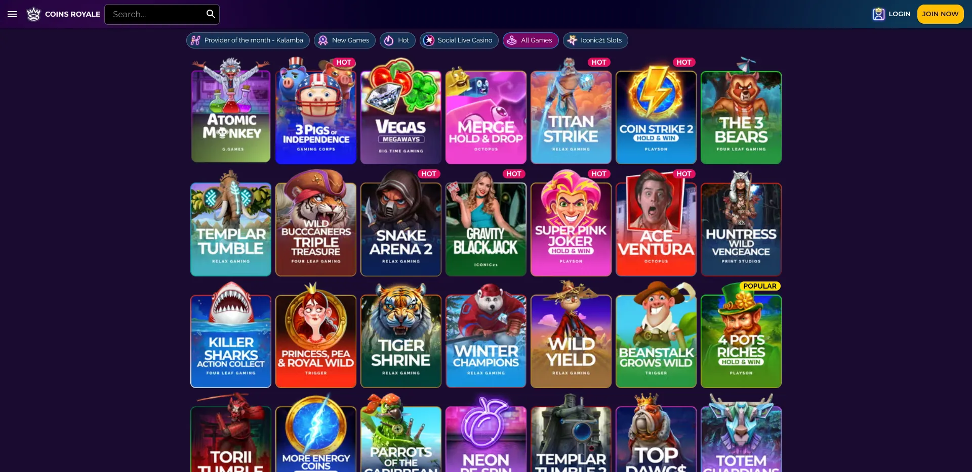 Coins Royale All Games lobby showing a grid of slot titles from multiple providers, with category filters including New Games, Hot, Social Live Casino and Iconic21 Slots.