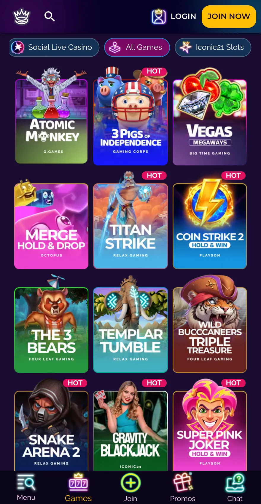 Coins Royale mobile All Games lobby showing a three-column grid of slots and live casino titles, with category filters for Social Live Casino, All Games and Iconic21 Slots.