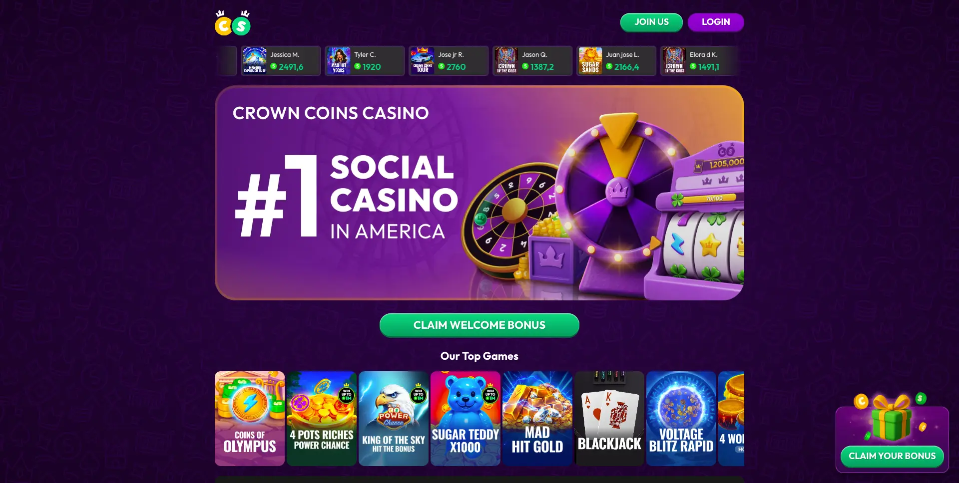 Crown Coins Casino homepage with a purple-themed design, a large promotional banner claiming “#1 Social Casino in America,” green Join Us and Se connecter buttons, a welcome bonus CTA, recent player activity, and a carousel of featured games including Coins of Olympus, Sugar Teddy X1000, Blackjack, and Voltage Blitz Rapid.