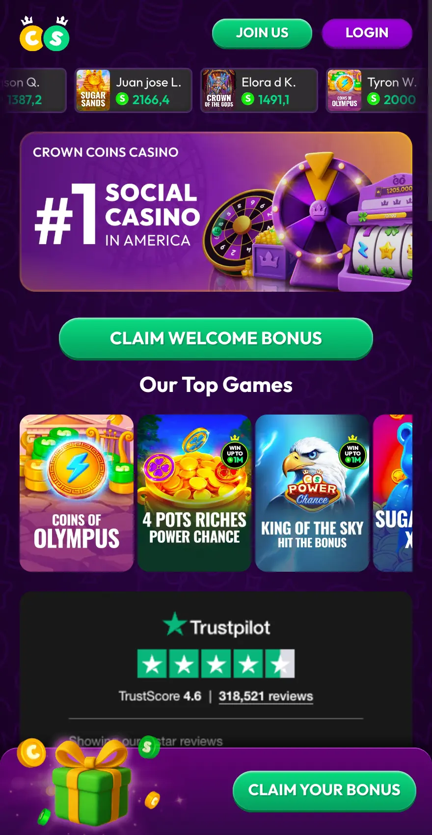 Mobile view of the Crown Coins Casino homepage with a purple design, Join Us and Se connecter buttons, a “#1 Social Casino in America” promotional banner, a Claim Welcome Bonus button, featured games including Coins of Olympus and King of the Sky, a Trustpilot rating panel, and a floating Claim Your Bonus banner.