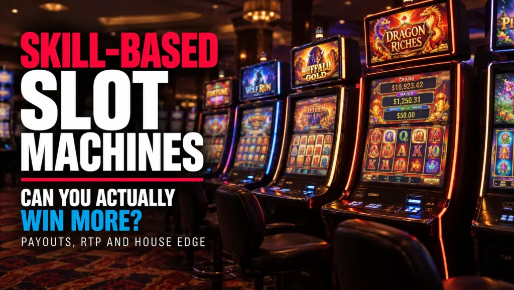 Skill-based slot machines cover showing a row of casino slot machines with the headline “Skill-Based Slot Machines” and the question “Can You Win More?”