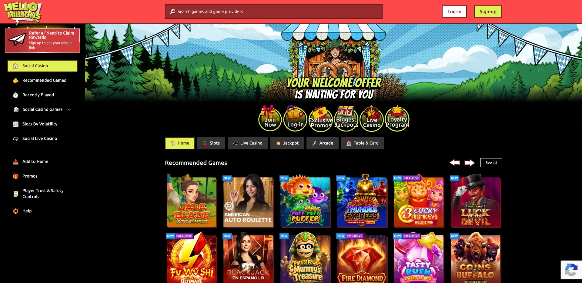 HelloMillions social casino homepage on desktop, showing the welcome offer banner, navigation menu and recommended casino games.
