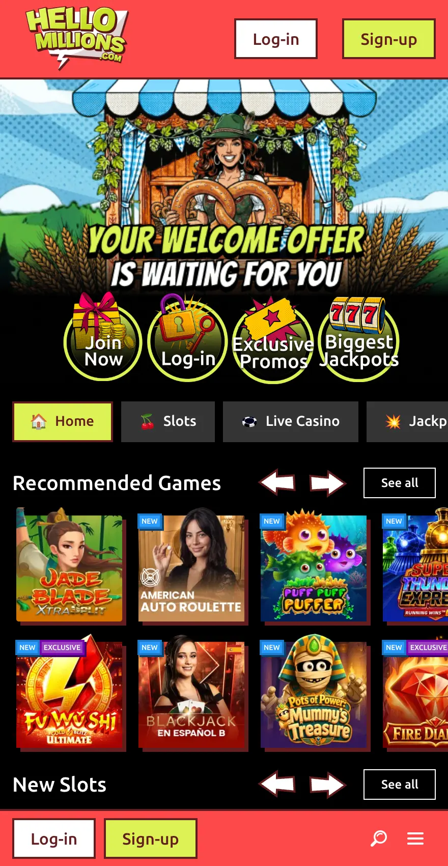 HelloMillions mobile homepage showing the welcome offer banner, recommended games, new slots and bottom navigation with log-in and sign-up buttons.