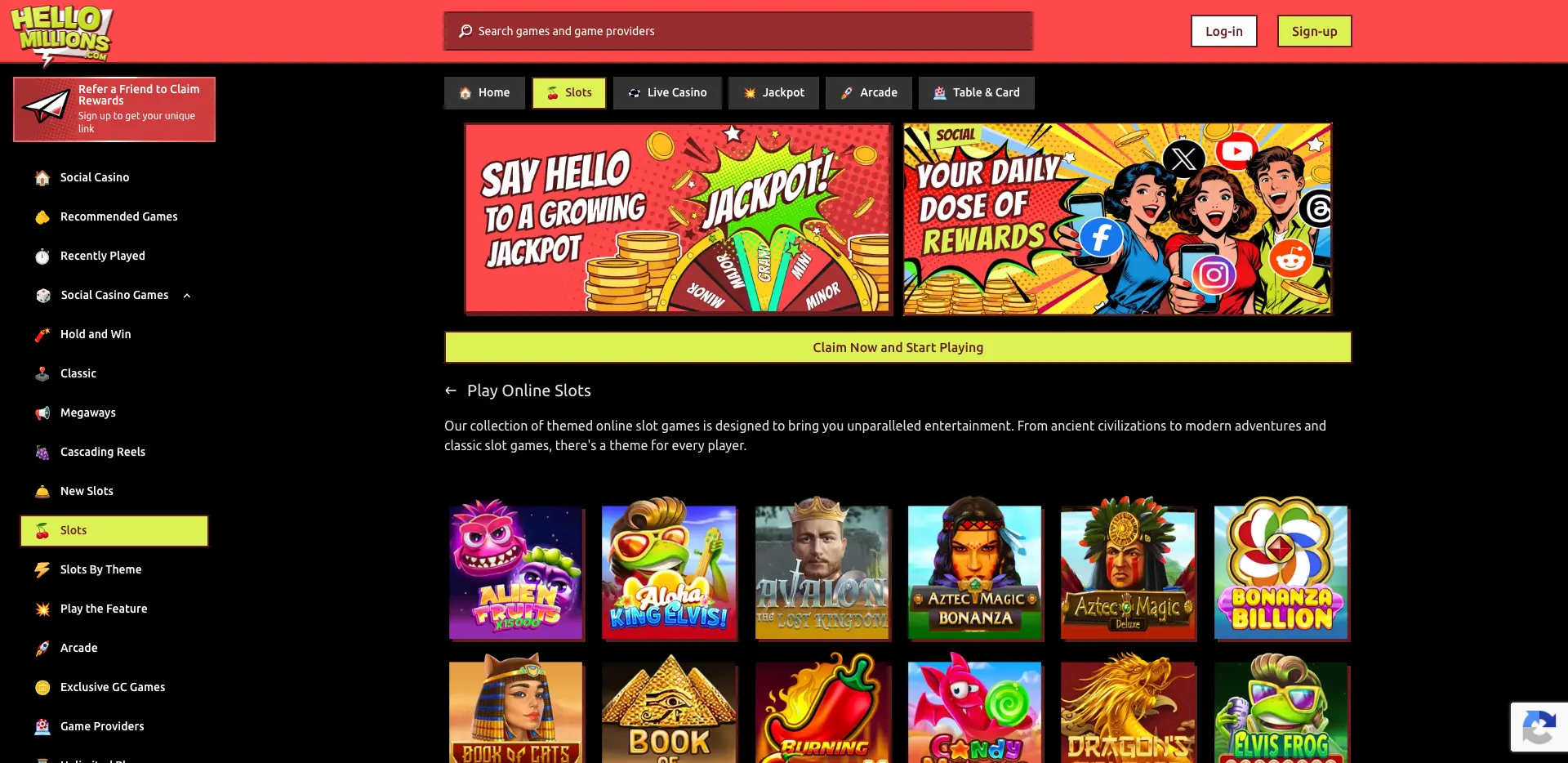 HelloMillions slots page on desktop, showing slot categories, promotional banners and a selection of online slot games.