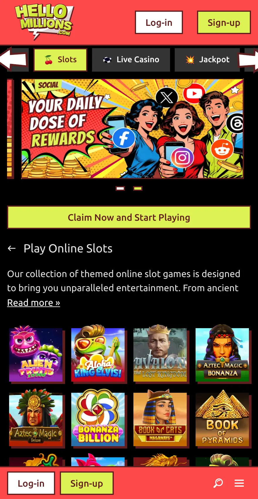 HelloMillions mobile slots page showing slot categories, a promotional rewards banner and a grid of online slot games.