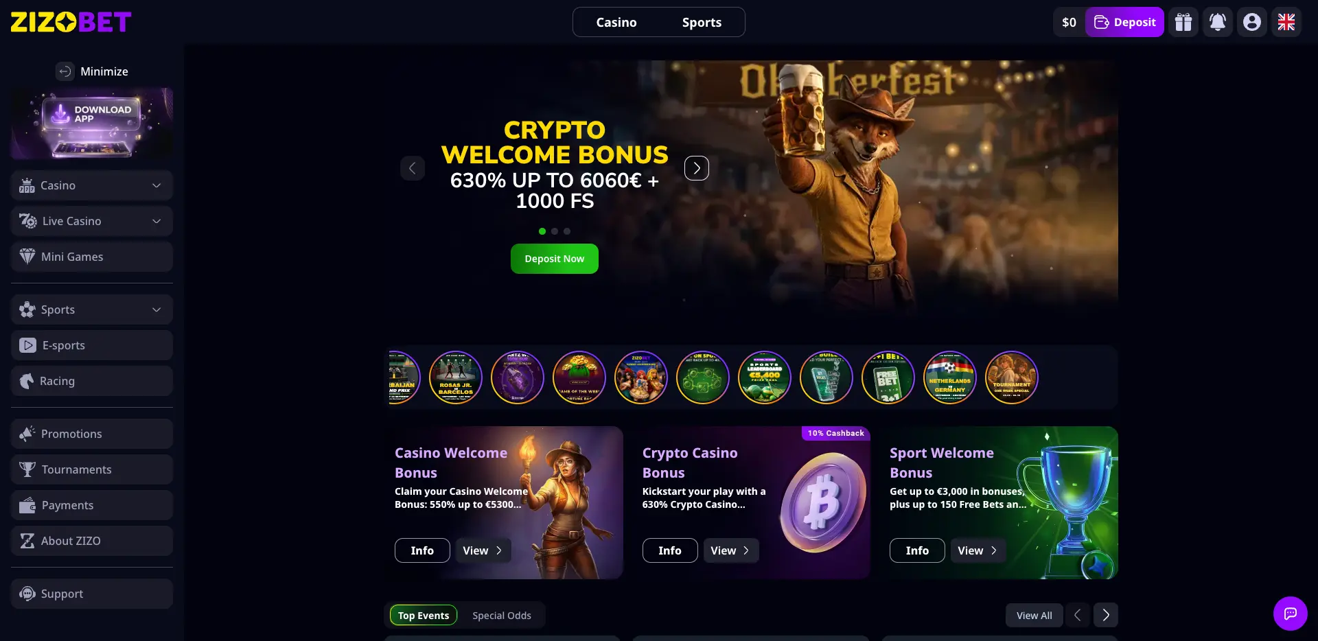 Zizobet homepage showing a dark-themed casino and sportsbook interface with purple and yellow branding, a Crypto Welcome Bonus banner offering 630% up to €/$ 6,060 plus 1,000 Free Spins, sidebar navigation for casino, live casino, mini games, sports, e-sports, racing, promotions, tournaments and payments, and promotional cards for casino, crypto and sports bonuses.