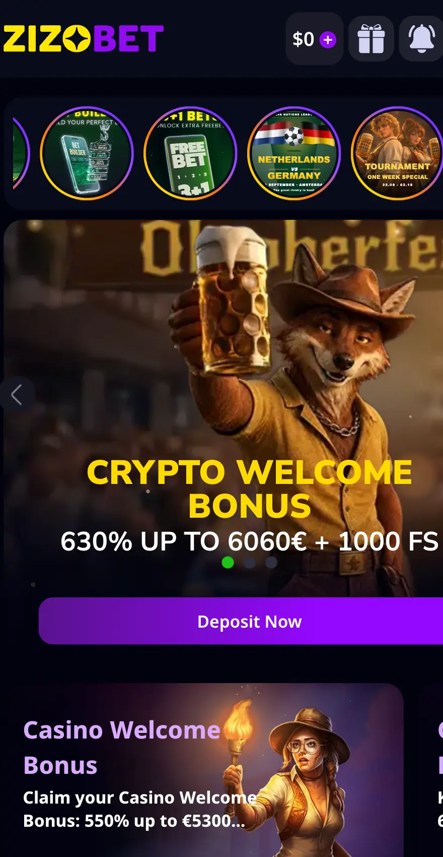Zizobet mobile homepage showing the purple-and-yellow logo, account balance and notification icons, circular promotional shortcuts, and a large Crypto Welcome Bonus banner advertising 630% up to €/$ 6,060 plus 1,000 Free Spins, followed by a Casino Welcome Bonus card offering 550% up to €/$ 5,300.