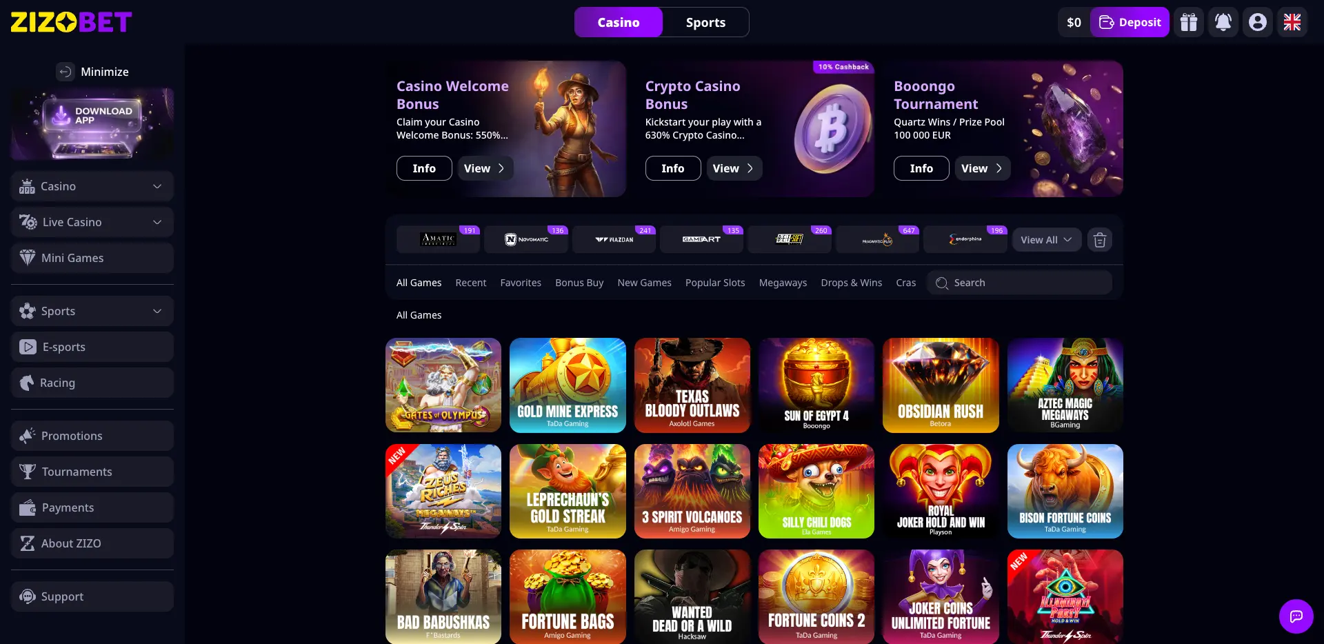 Zizobet casino lobby showing a dark-themed slots interface with purple accents, promotional cards for the Casino Welcome Bonus, Crypto Casino Bonus and Booongo Tournament, provider filters, game-category tabs, a search bar and a grid of slot titles including Gates of Olympus, Sun of Egypt 4, Wanted Dead or a Wild and Aztec Magic Megaways.
