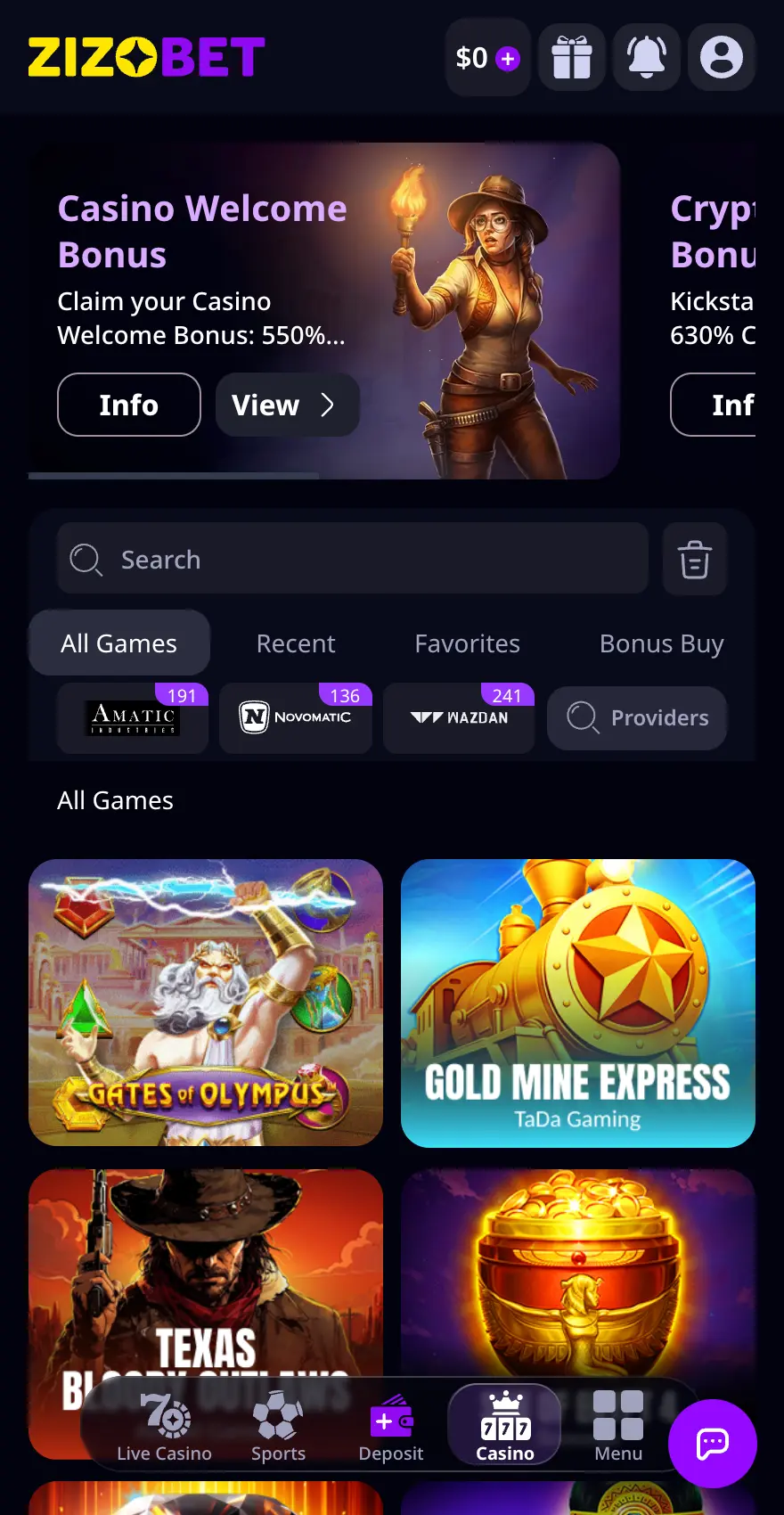 Zizobet mobile casino lobby showing the Casino Welcome Bonus, game search and provider filters, category tabs for All Games, Recent, Favorites and Bonus Buy, and a two-column grid of slots including Gates of Olympus, Gold Mine Express and Texas Bloody Outlaws, with bottom navigation for Live Casino, Sports, Deposit, Casino and Menu.