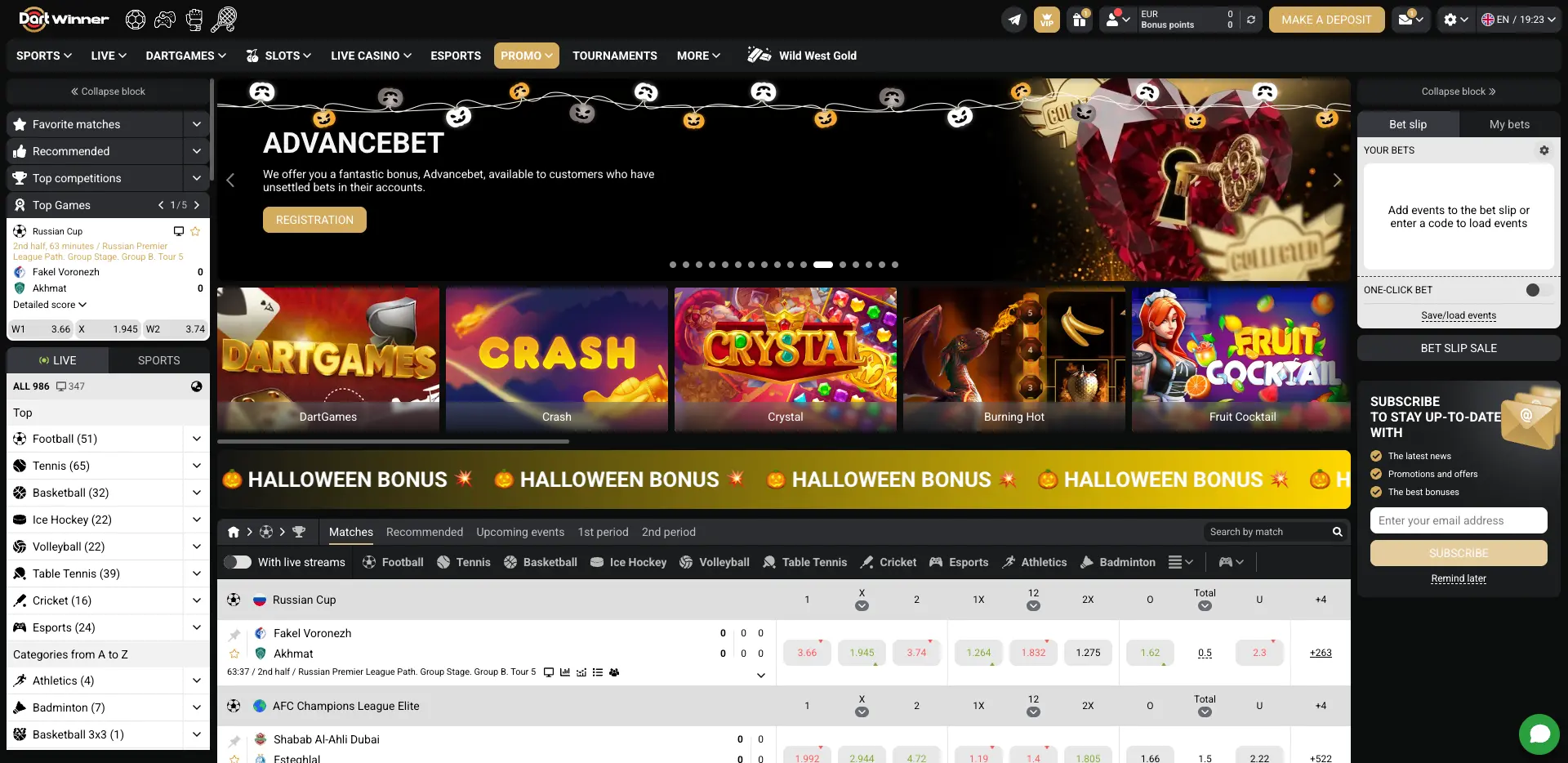 DartWinner casino desktop homepage featuring a dark-themed interface, live sports betting odds, casino navigation and featured DartGames, Crash and Crystal games.