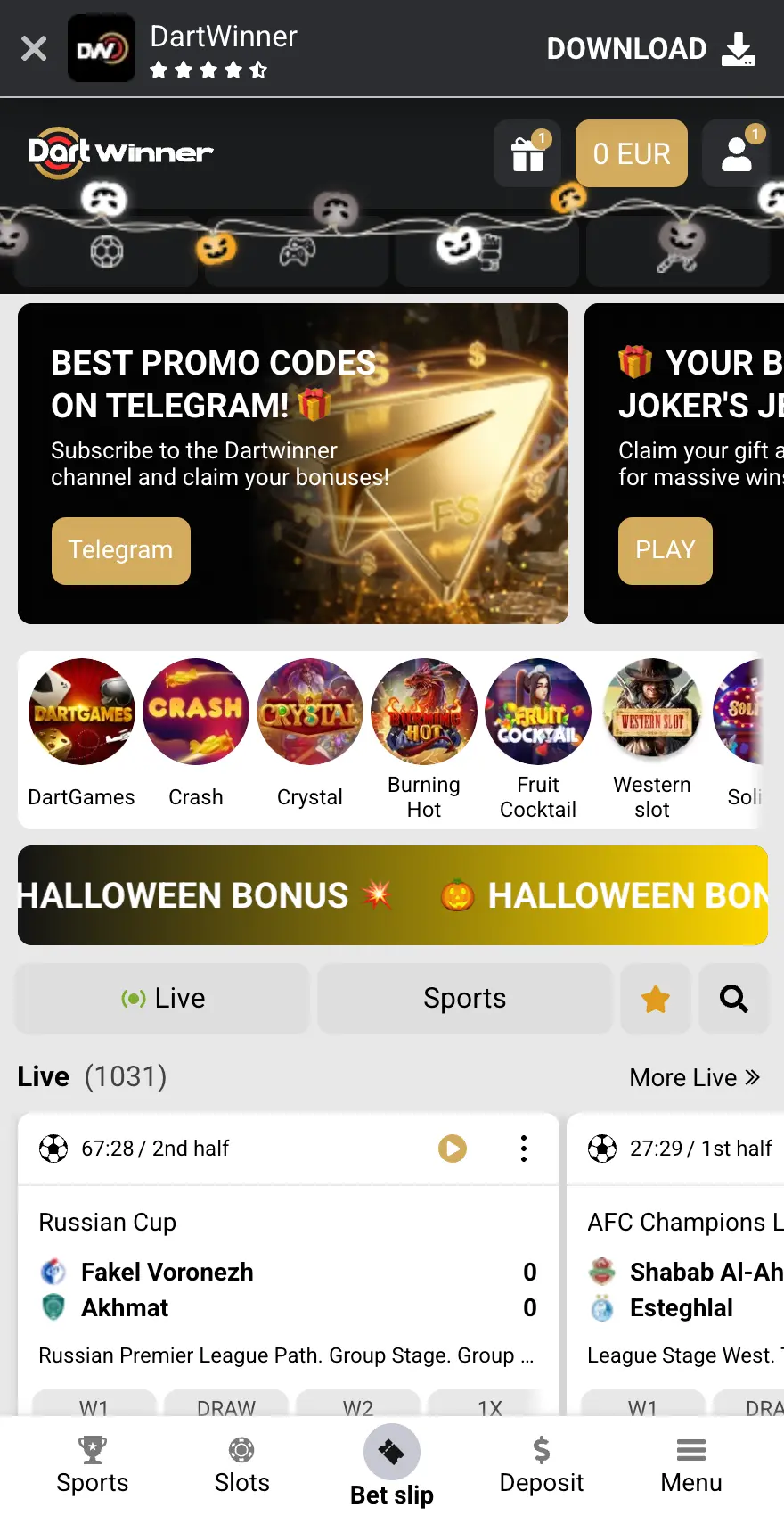 DartWinner Casino mobile homepage showing promotional banners, DartGames, Crash and Crystal games, live football betting odds and bottom navigation for Sports, Slots, Bet Slip and Deposit.