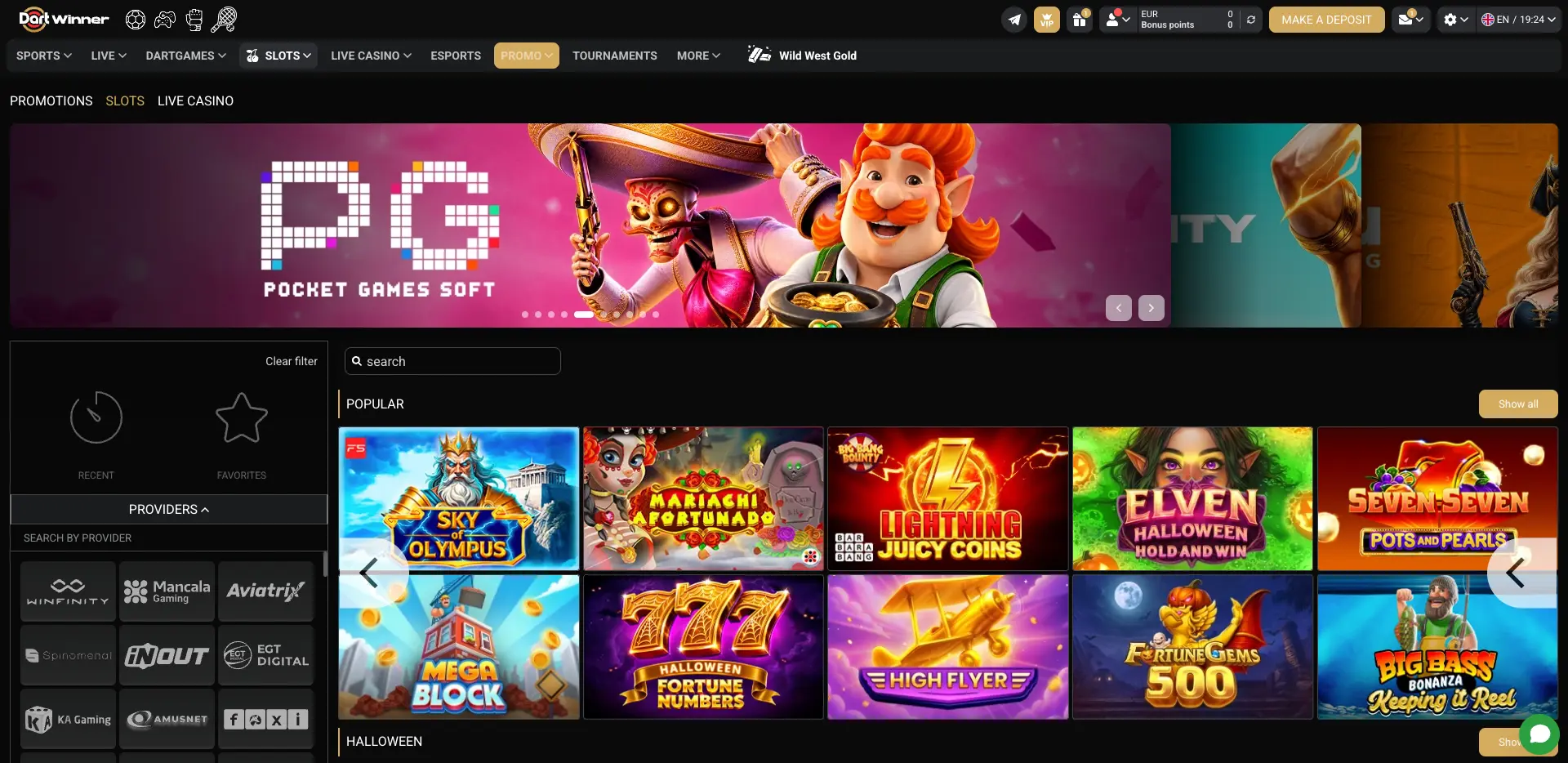 DartWinner Casino slots lobby showing a dark-themed interface, game provider filters, a PG Soft promotional banner and popular slots including Sky of Olympus, Mariachi Afortunado and Lightning Juicy Coins.