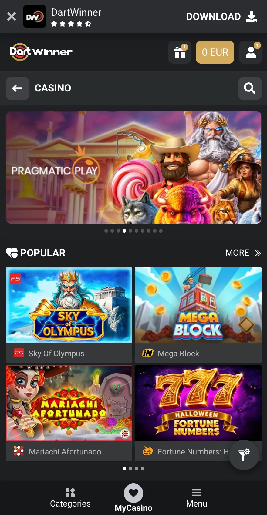 DartWinner Casino mobile slots lobby featuring a Pragmatic Play banner, popular games including Sky of Olympus, Mega Block and Mariachi Afortunado, and bottom navigation for Categories, MyCasino and Menu.