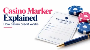 Casino marker explained cover showing a casino credit form, poker chips and a pen beside the headline “Casino Marker Explained – How casino credit works.”