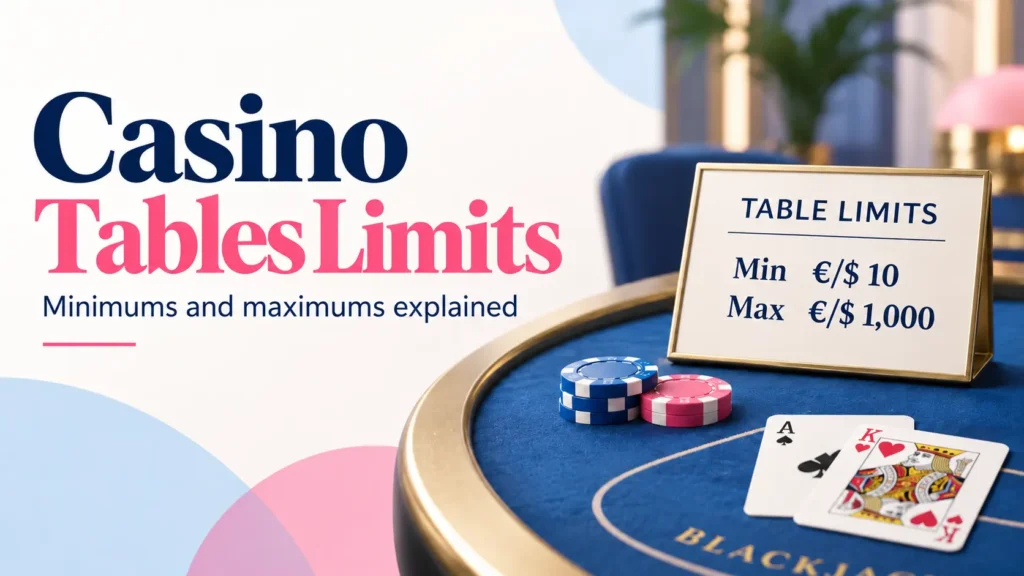 Casino table limits cover image showing a blackjack table with chips and cards beside a sign displaying a €/$10 minimum and €/$1,000 maximum bet.