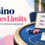 Casino table limits cover image showing a blackjack table with chips and cards beside a sign displaying a €/$10 minimum and €/$1,000 maximum bet.