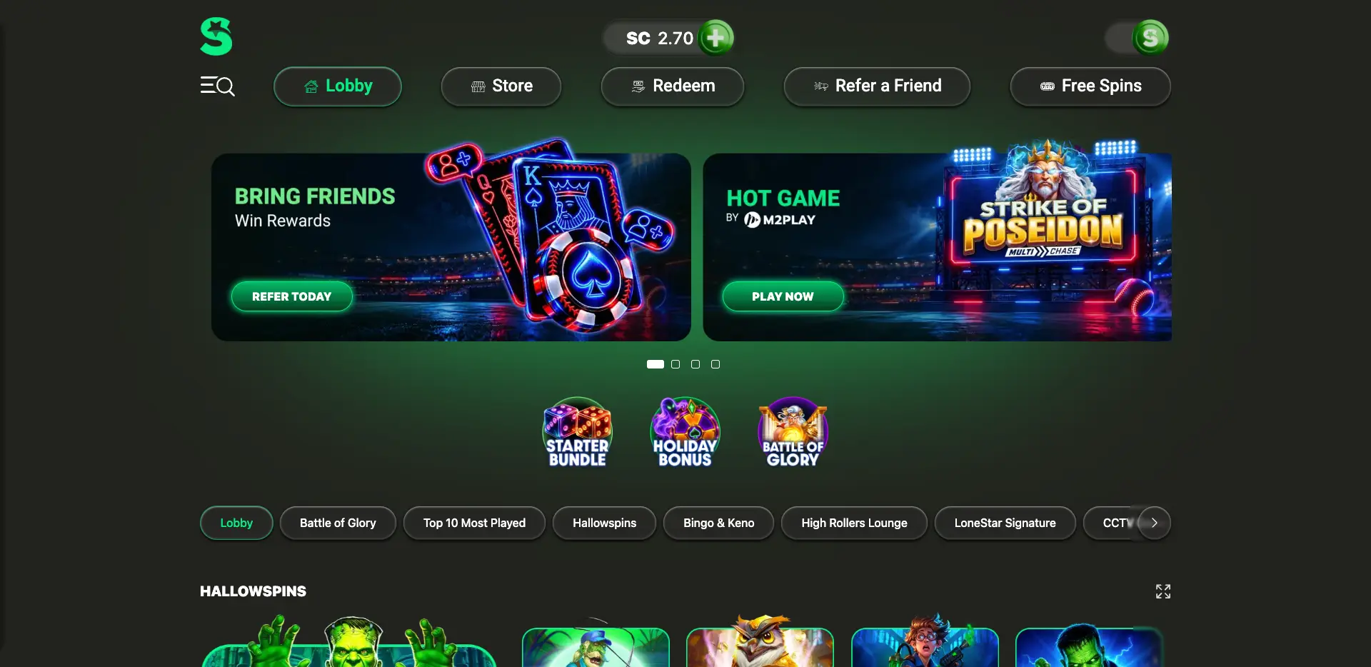 LoneStar Casino desktop lobby with a dark background and green accents, featuring navigation menus, promotional banners, bonus offers and game categories including Hallowspins, Bingo & Keno and LoneStar Signature.