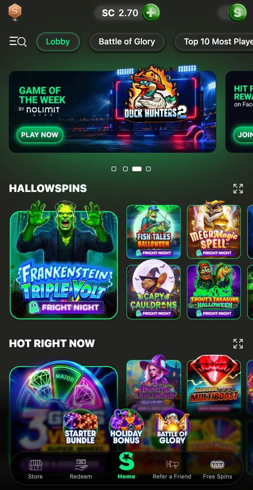 LoneStar Casino mobile lobby showing the Hallowspins and Hot Right Now game sections, a Duck Hunters 2 promotional banner, Sweep Coins balance, Halloween-themed slots and bottom navigation for Store, Redeem, Home, Refer a Friend and Free Spins.