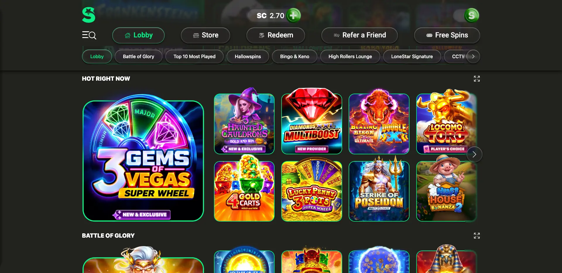 LoneStar Casino desktop slots lobby showing the Hot Right Now and Battle of Glory sections, with featured games including 3 Gems of Vegas Super Wheel, Haunted Cauldrons, Diamonds XXL Multiboost and Strike of Poseidon.