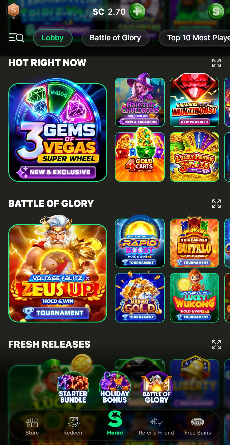 LoneStar Casino mobile slots lobby showing the Hot Right Now, Battle of Glory and Fresh Releases sections, featuring 3 Gems of Vegas Super Wheel, Haunted Cauldrons and Zeus Up, with game thumbnails and bottom navigation menu.