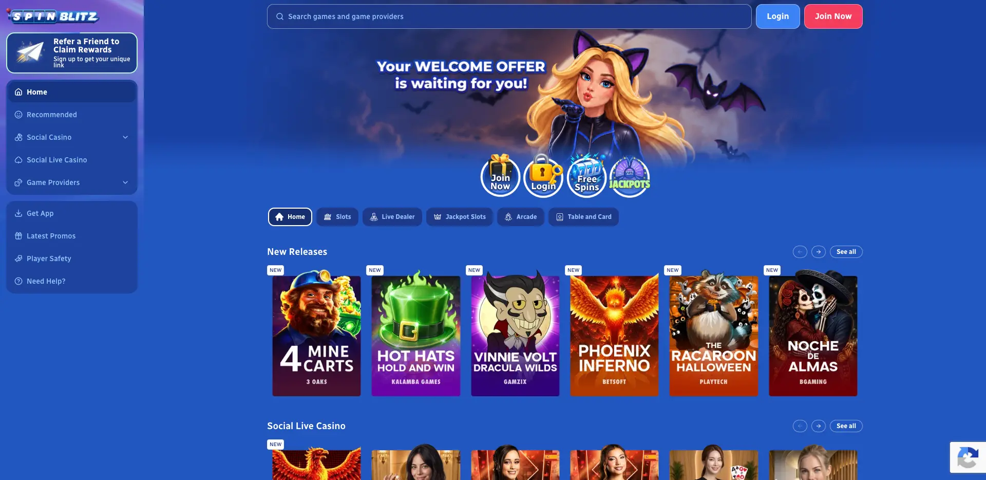 Desktop screenshot of the SpinBlitz Casino homepage showing the welcome offer banner, navigation menu, new slot releases and live casino games.