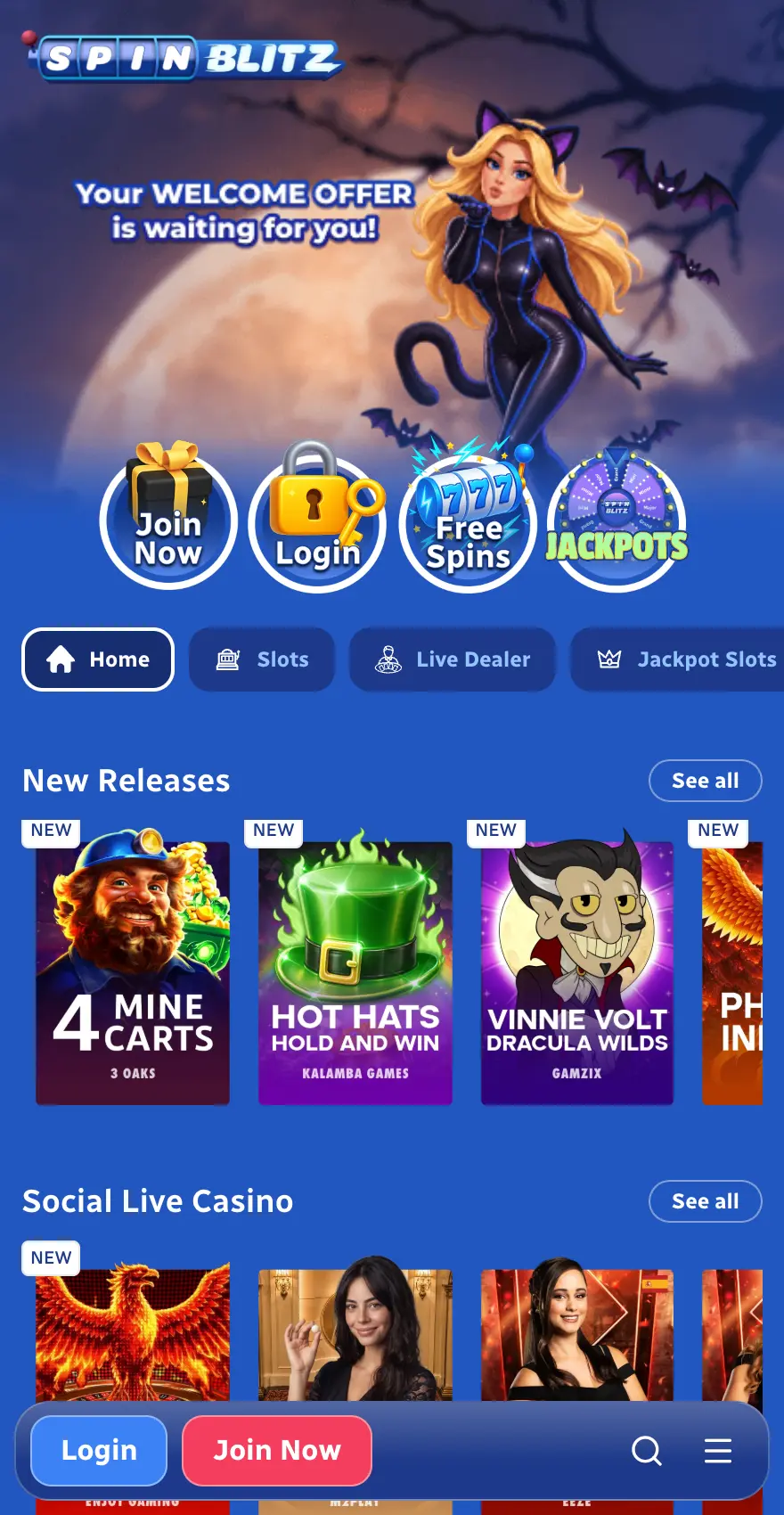 Mobile screenshot of the SpinBlitz Casino homepage showing the welcome offer banner, Free Spins and Jackpots icons, new slot releases and Social Live Casino games.