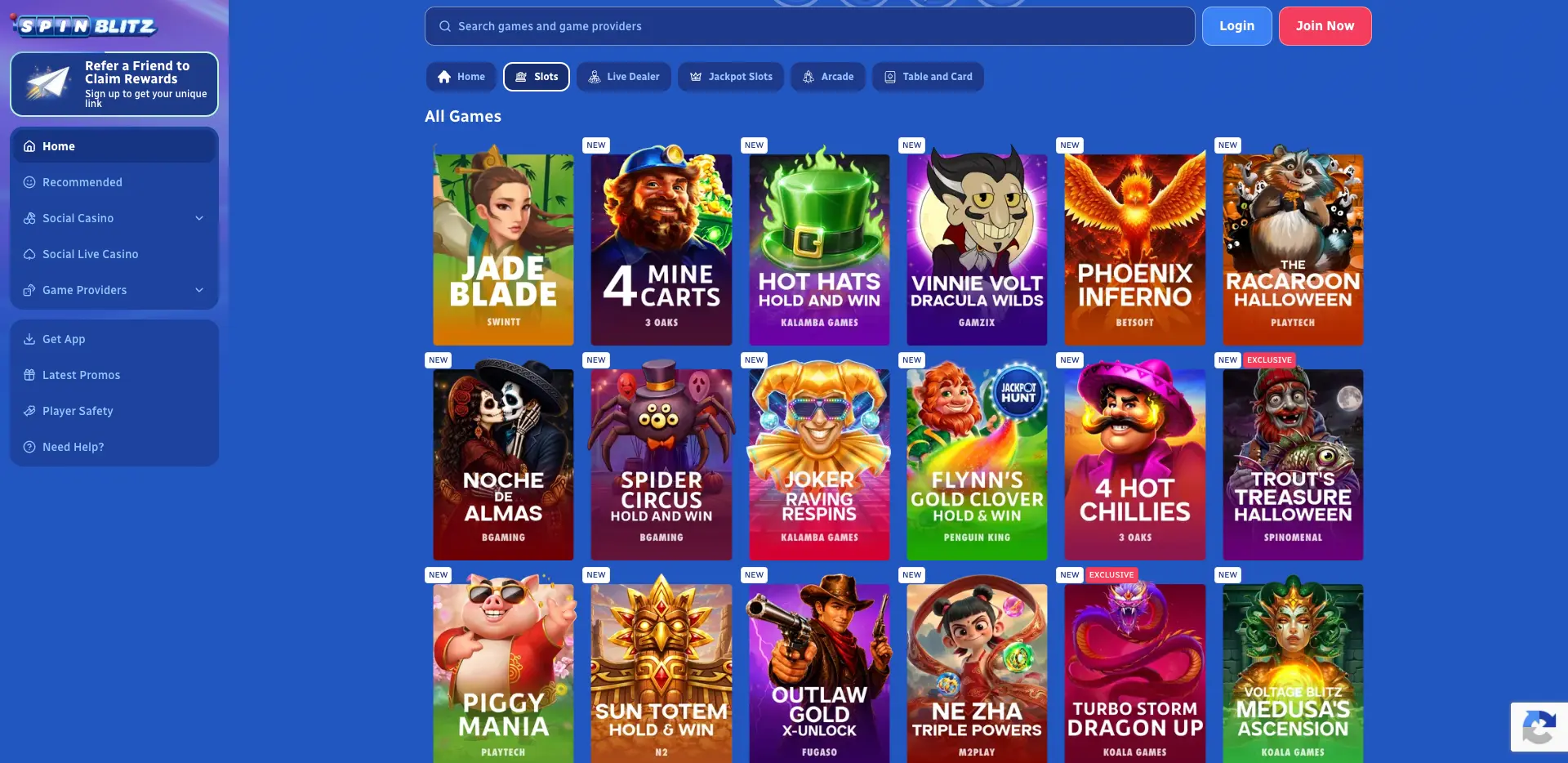 Desktop screenshot of the SpinBlitz Casino slots lobby showing a grid of slot games, including Jade Blade, 4 Mine Carts, Hot Hats Hold and Win and Phoenix Inferno, with game category filters and navigation menus.