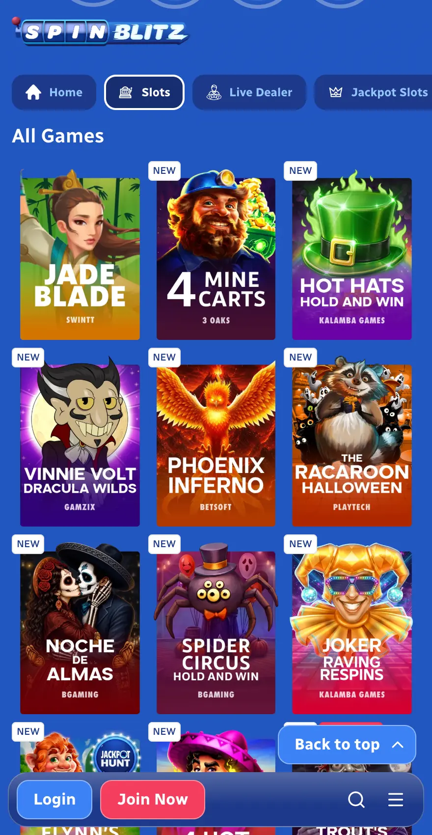 Mobile screenshot of the SpinBlitz Casino slots lobby showing a grid of games, including Jade Blade, 4 Mine Carts, Hot Hats Hold and Win, Phoenix Inferno and Spider Circus, with category filters and navigation controls.